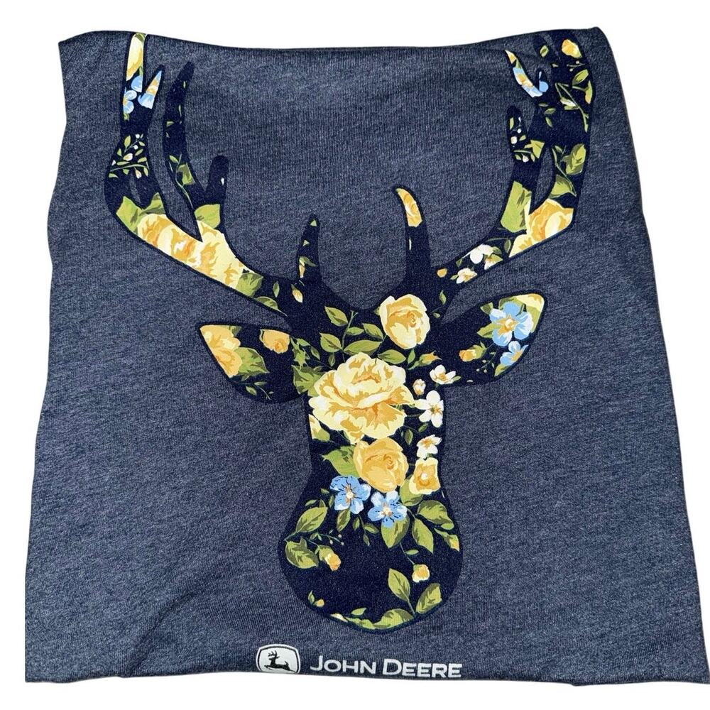 John Deere Women's Graphic Tee Deer Floral Print Blue Gray Short Sleeve Large